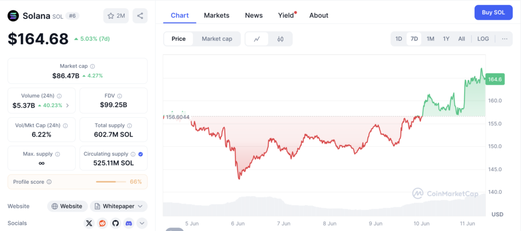 نمودار قیمت و اطلاعات بازار سولانا (SOL) - منبع: CoinMarketCap